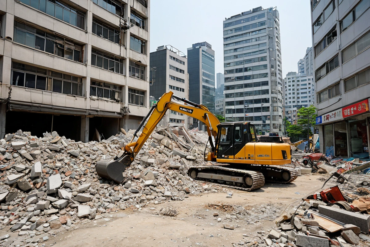 서울 강남구 대치동 고급 상권의 현대식 매장 철거 현장, 주변 상가와의 거리가 가까운 도심 지역에서 철거 작업 중인 장비와 철거된 매장의 잔해가 정리된 모습, 소음 규제를 고려한