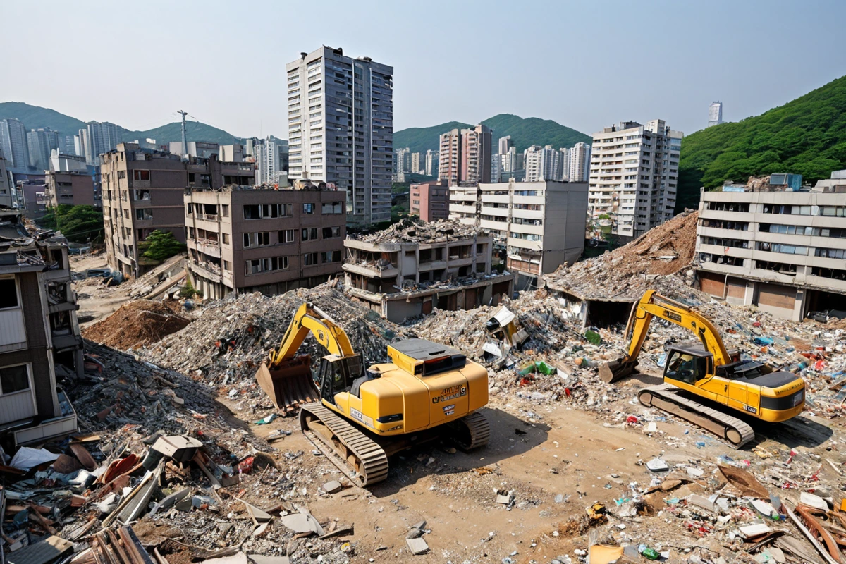 서울 강남구 대치동의 주거 밀집 지역에서 철거 작업 중인 현장, 주변 주민의 집이 보이는 배경으로 철거 장비와 폐기물 처리 장소가 정리된 모습