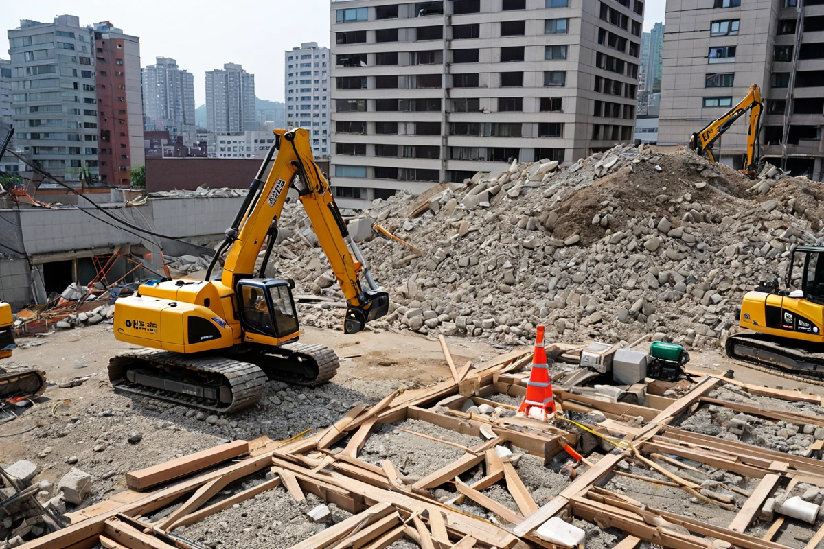 서울 강남구 대치동의 주택 철거 현장에서, 철거 작업 전 안전 점검을 위해 구조물에 부착된 정밀 측정 장비와 철거 전문가가 사용하는 레이저 수평기와 측정 도구가 정확히 위치한 모습