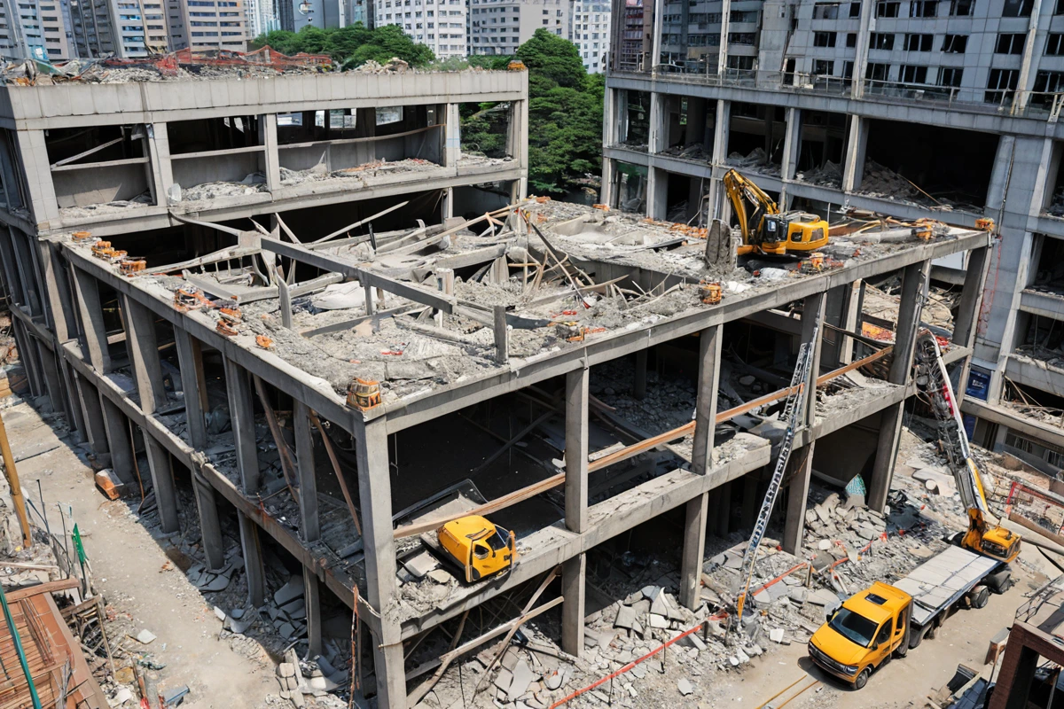 서울 강남구 대치동 철거 현장에서 구조적 분석을 위한 전문 장비가 사용되는 모습, 정확한 비용 산정을 위해 철거 전 구조적 상태를 측정하는 장면입니다.