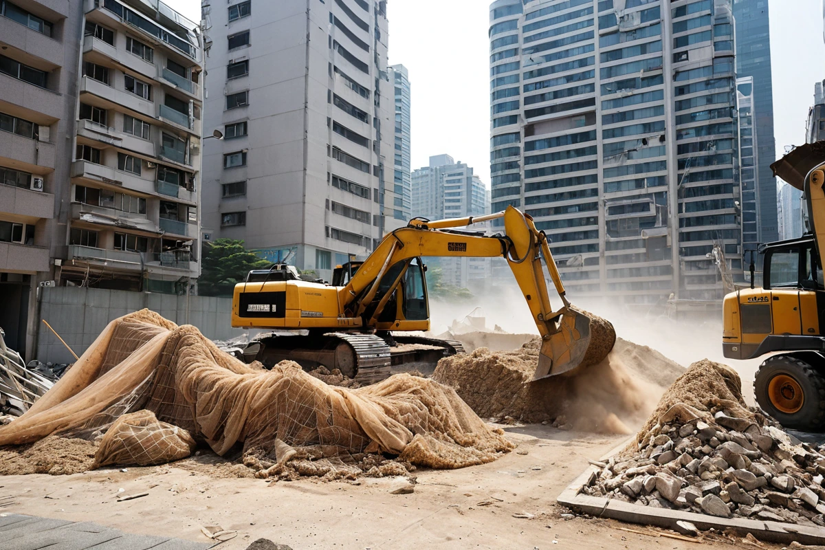 서울 강남구 도곡동 고급 주거지 인근에서 철거 작업 중인 현장, 소음과 먼지 관리를 위한 철거 장비와 방진망이 설치된 자연스러운 장면, 주변 시설 보호를 고려한 철거 작업 모습