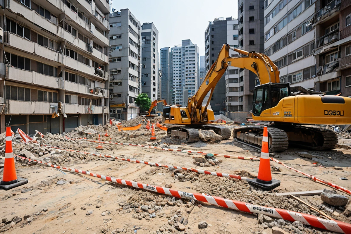 서울 강남구 도곡동 고밀도 주거 지역의 철거 현장에서, 철거 범위를 정확히 설정하기 위해 라인을 표시하는 현장 도구와 함께, 철거 예정 구역의 정확한 경계선이 표시된 모습. 배경으
