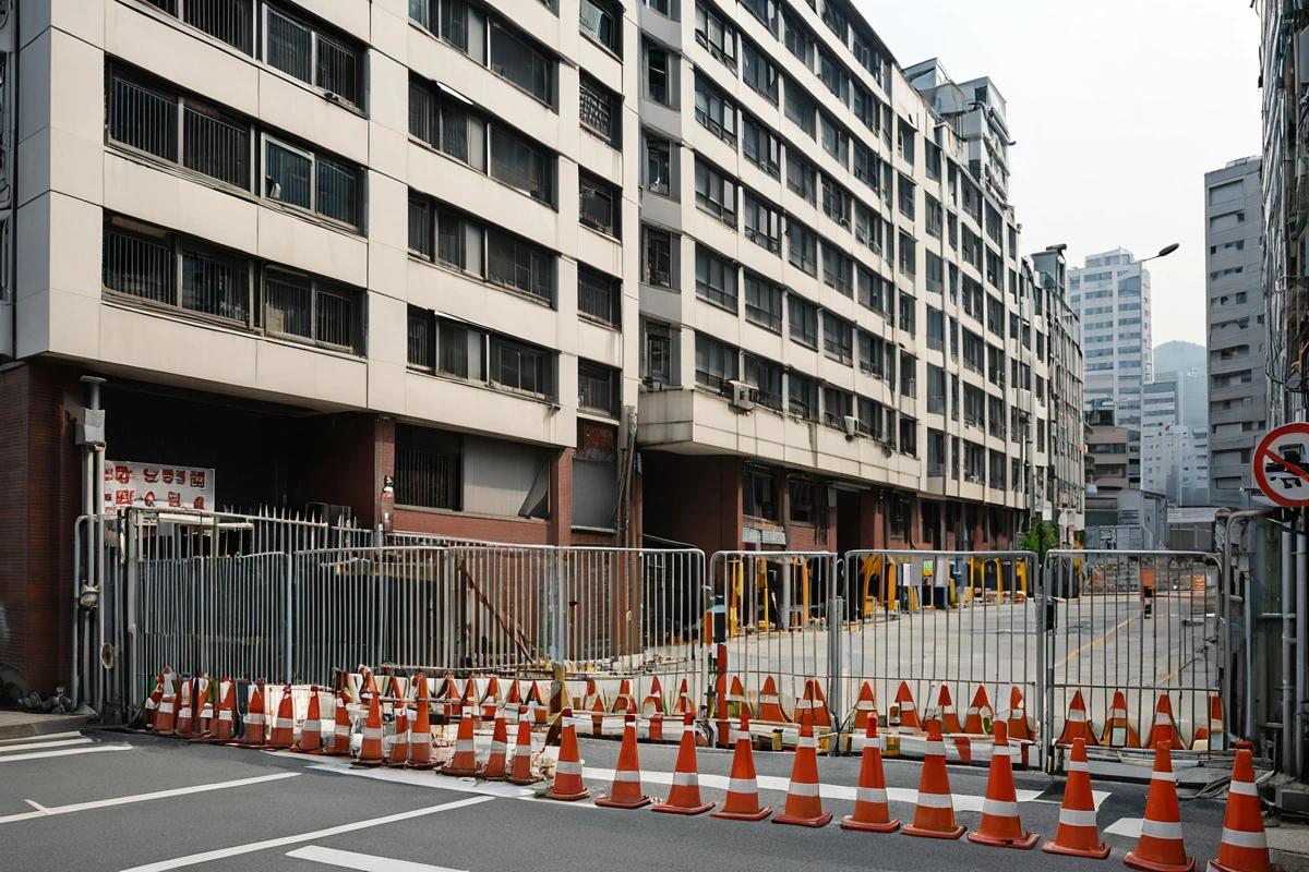 서울 강남구 도곡동 고밀도 주거지와 상업지가 혼재된 지역에서 학원 건물의 외부 구조를 정확히 보여주는 사진. 건물 외벽에는 철거 작업을 위한 안전 울타리와 경고 표지가 설치되어 있