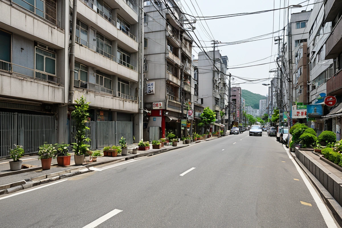 서울 강남구 도곡동 고밀도 주거지의 아파트 단지와 주변 상가가 보이는 풍경. 도로 위에 철거 작업을 위한 안전 울타리가 설치되어 있고, 주변 건물의 창문에서 사람들이 관찰하는 모습