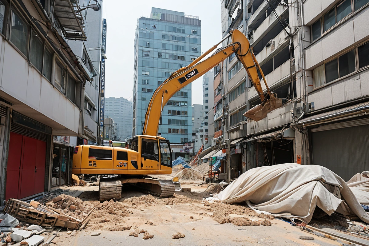 서울 강남구 도곡동 상가 밀집 지역의 철거 현장, 주변 상가 건물과 연결된 철거 작업대, 소음과 진동을 방지하기 위한 방진막이 설치된 모습, 정돈된 작업 공간