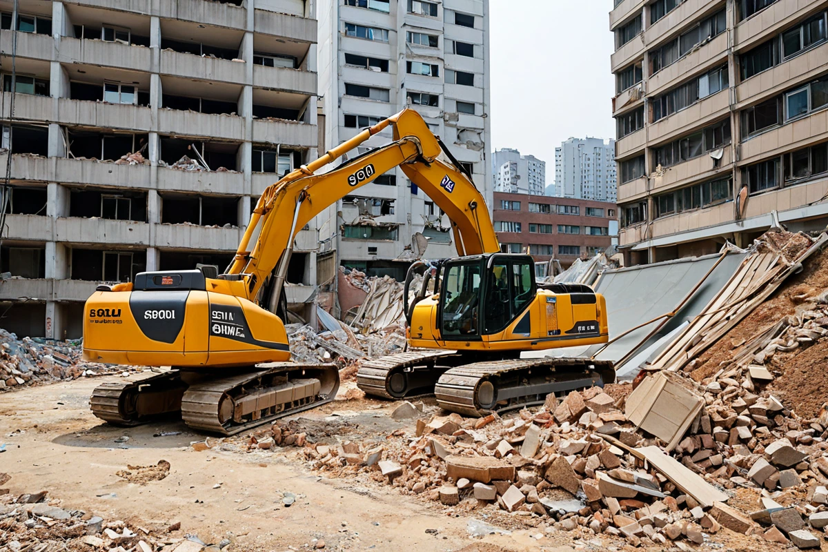 서울 강남구 도곡동의 1층 주택 철거 현장, 철거 중인 주택 외벽과 철거 장비가 보이는 자연스러운 장면, 건물 크기와 구조에 따라 철거 비용이 달라지는 것을 상징하는 간단한 철거