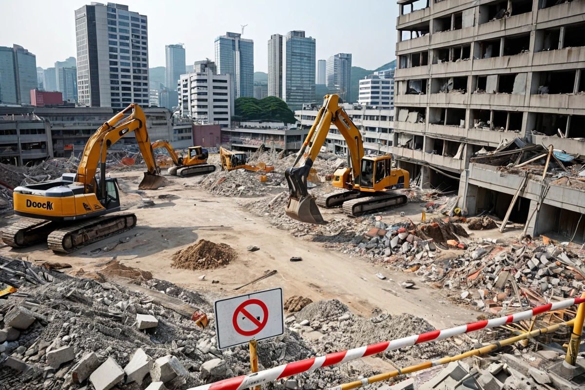 서울 강남구 도곡동의 고밀도 상업 지역에서, 철거 업체의 전문 장비와 안전 관리 표지가 함께 배치된 철거 현장. 철저한 현장 조사가 이루어진 철거 작업 준비 단계.