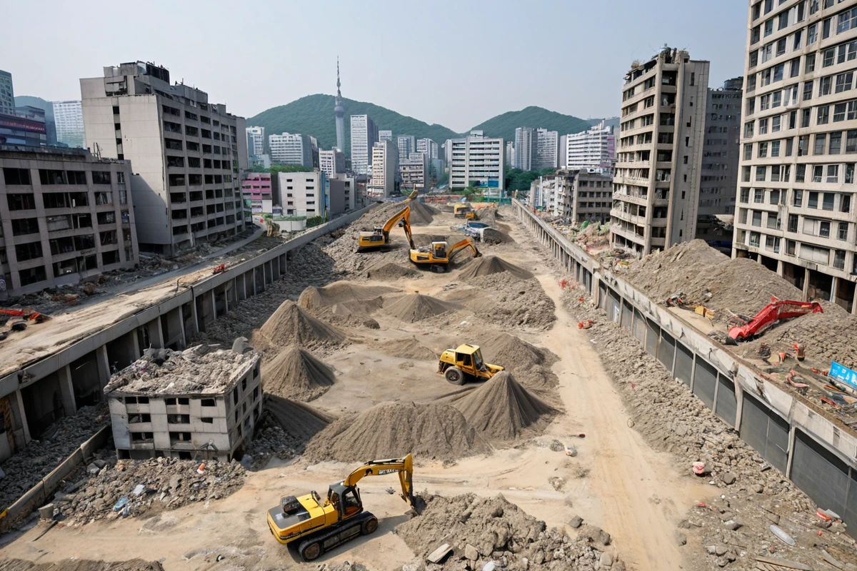 서울 강남구 도곡동의 내부 철거 현장, 주변 건물과 도로가 보이는 철거 전 사전 점검 장면, 철거 장비가 주변 구조물을 보호하기 위해 설치된 방진망과 안전 울타리가 보이는 사실적인