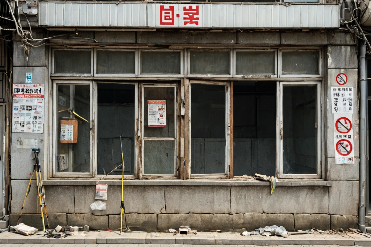 서울 강남구 도곡동의 노후된 건물 외벽에 부착된 구조 점검 테이프와 측정 도구가 놓인 모습. 건물의 창문과 벽면에 균열이 보이고, 안전 점검을 위한 라벨이 붙어 있는 상황.