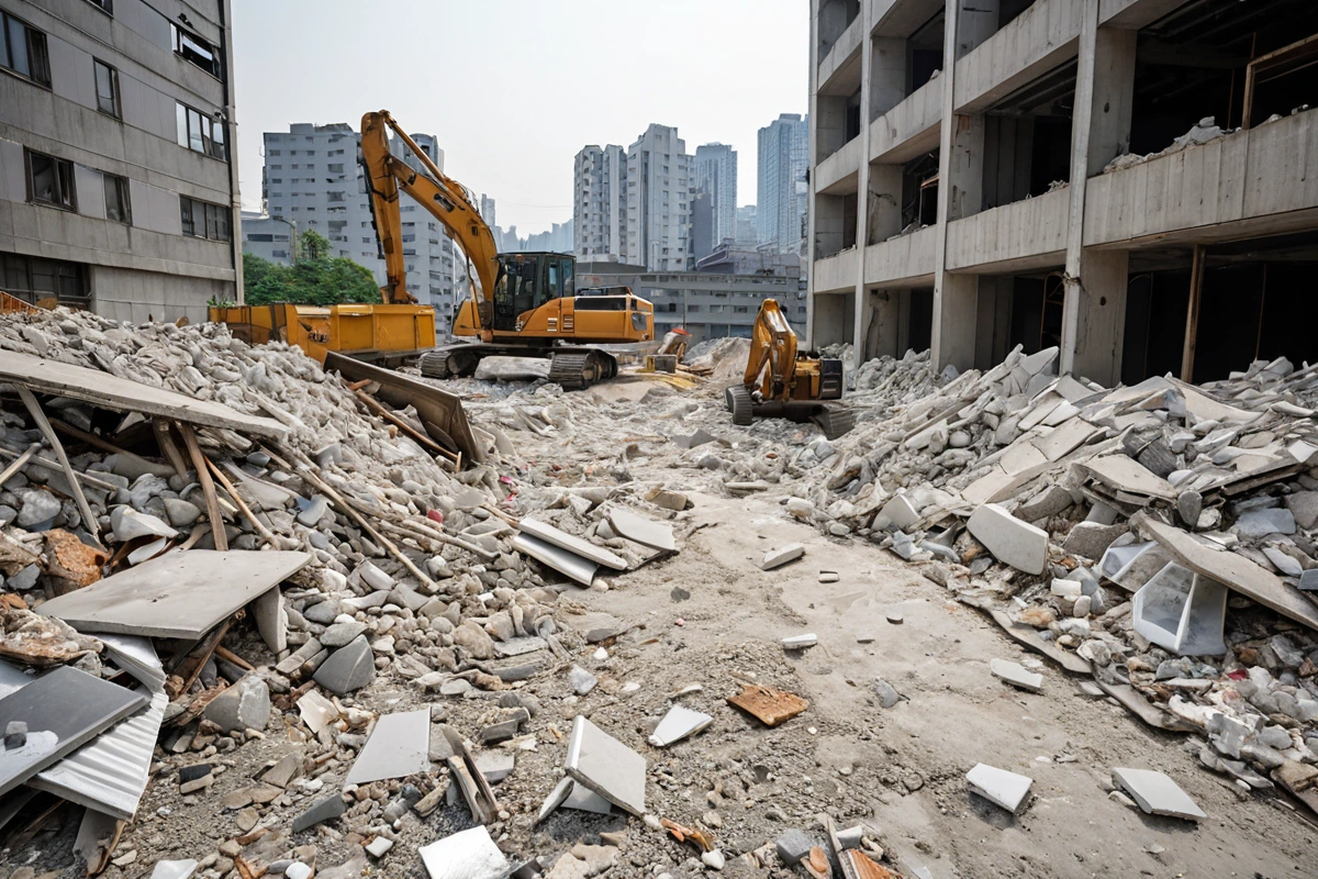 서울 강남구 도곡동의 주택 철거 현장에서 건축 자재와 석고보드, 금속, 유리 등 폐기물이 분리 정리된 모습. 철거 후 남은 재료들이 깔끔하게 분류되어 있는 공간.