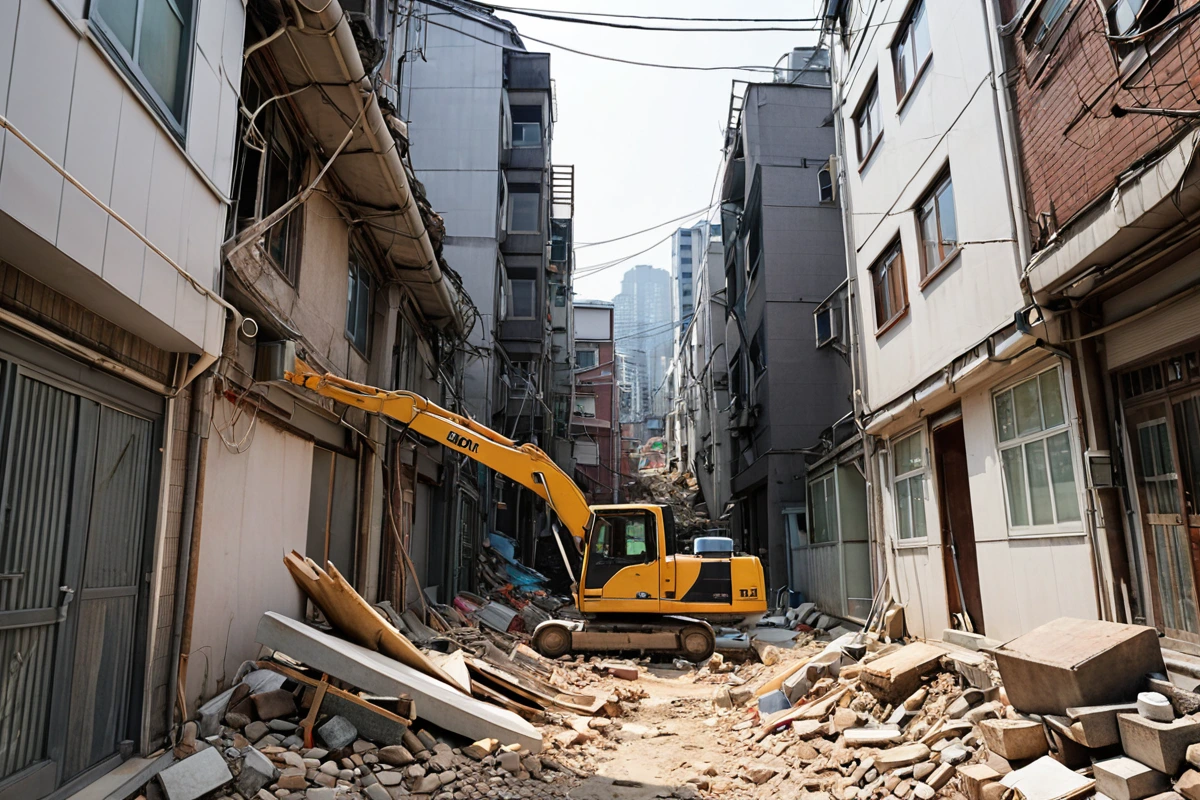 서울 강남구 도곡동의 주택 철거 현장에서 수동 철거 작업 중인 철거 장비와 철거된 건축 자재가 놓인 모습. 좁은 골목길에 위치한 주택의 외관과 철거 중인 구조물이 자연스럽게 조화를
