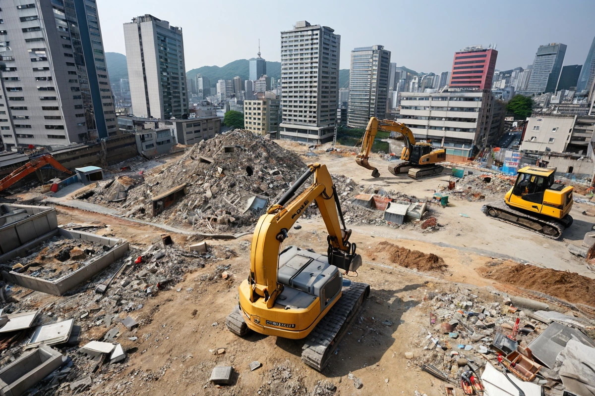 서울 강남구 도곡동의 한 카페 현장에서, 철거 작업 전 현장 조사 중인 철거 장비가 정리된 모습. 인근 상가 건물과의 거리감을 보여주는 조화로운 도시 풍경.