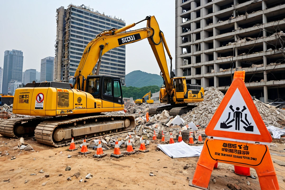 서울 강남구 도곡동 주택 철거 작업 현장의 안전 장비와 철거 업체의 자격증 및 보험 증명서가 놓여진 현장 사진. 철거 작업 중인 장비와 함께 안전 표시판이 배경에 자연스럽게 나타나