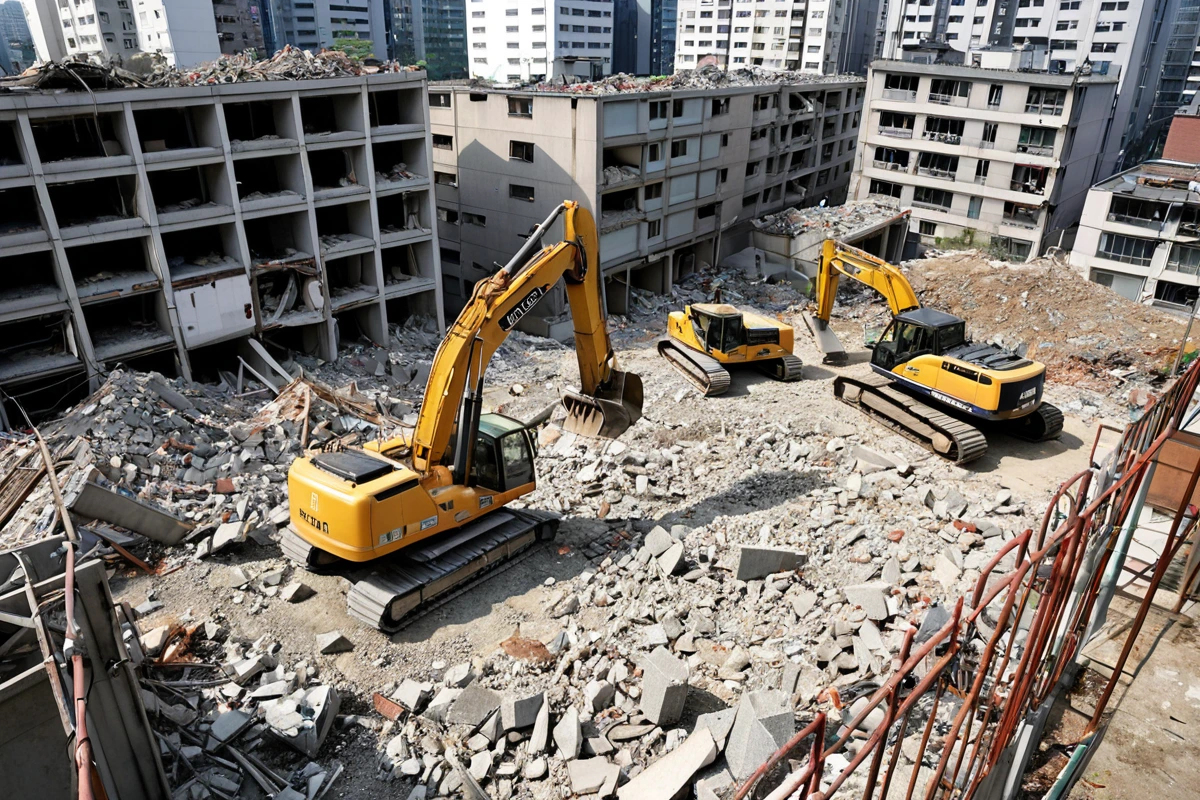 서울 강남구 봉천동 소형 주택 철거 현장, 철거 작업 중인 장비와 철거된 건물 잔해가 정리된 공간, 평소 주택 크기의 20평 미만을 반영한 소형 건물 잔해와 철거 작업장의 깔끔한