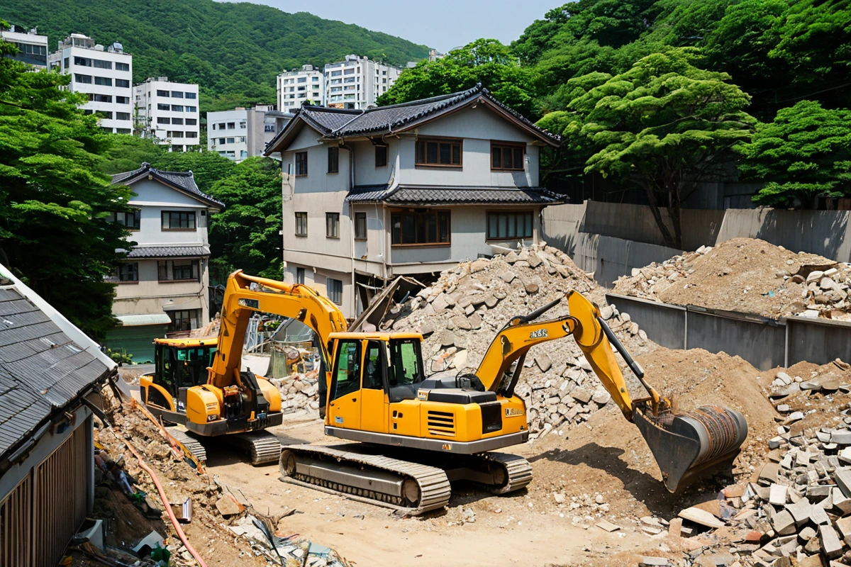 서울 강남구 봉천동 주거지 밀집 지역 철거 공사 현장, 주변 주민의 집과 가까운 거리에서 철거 작업 중인 장비와 소음 차단을 위한 일시적 장벽, 주변 건물의 정체성을 반영한 주거