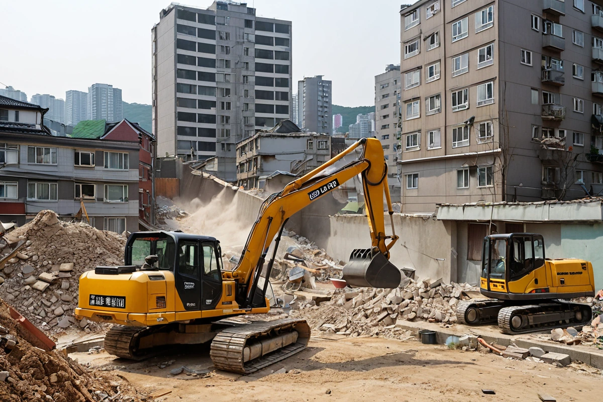 서울 강남구 봉천동 주거 지역의 철거 작업 현장, 주변 건물이 보이는 외부 공간에서 소음 방지용 방진막이 설치된 모습. 철거 장비가 정지된 채로 주변 환경과 조화를 이룬 장면.