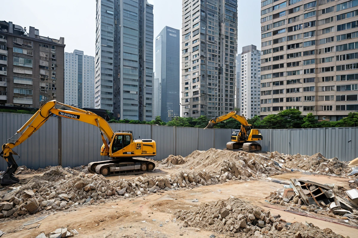서울 강남구 삼성동 고급 주택가의 철거 작업 현장. 주변에 고층 아파트와 상업 건물이 보이며, 철거 중인 건물 주변에 소음 차단용 방음막과 먼지 방지용 비닐이 설치된 모습. 철거