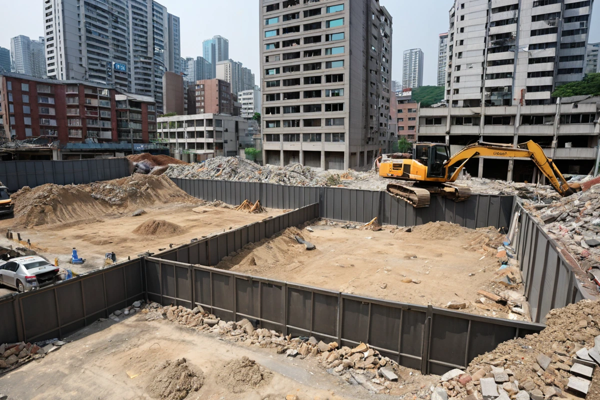 서울 강남구 삼성동 고밀도 상가 지역의 철거 현장, 주변 주거지와 상가 건물이 보이는 가운데 철거 작업 중 먼지와 소음을 방지하기 위한 방진막이 설치된 현실적인 장면