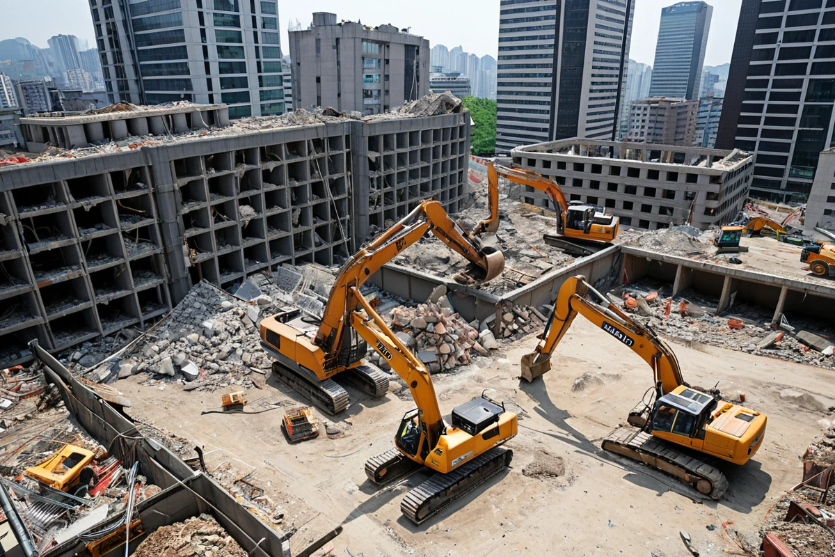 서울 강남구 삼성동 고층 상가 건물의 철거 현장, 구조물이 철거 중인 모습으로 철거 장비가 정리된 상태, 철거 작업을 위해 준비된 안전 울타리와 철거 장비가 정확히 배치된 현실적인
