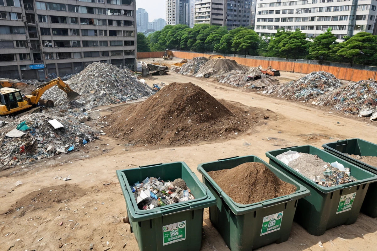 서울 강남구 삼성동 사무실 철거 과정에서 폐기물이 정확히 분리된 장면. 재활용 가능한 금속과 플라스틱이 각각 다른 분리함에 담기고, 철거 현장의 흙과 먼지가 정리된 배경이 보입니다