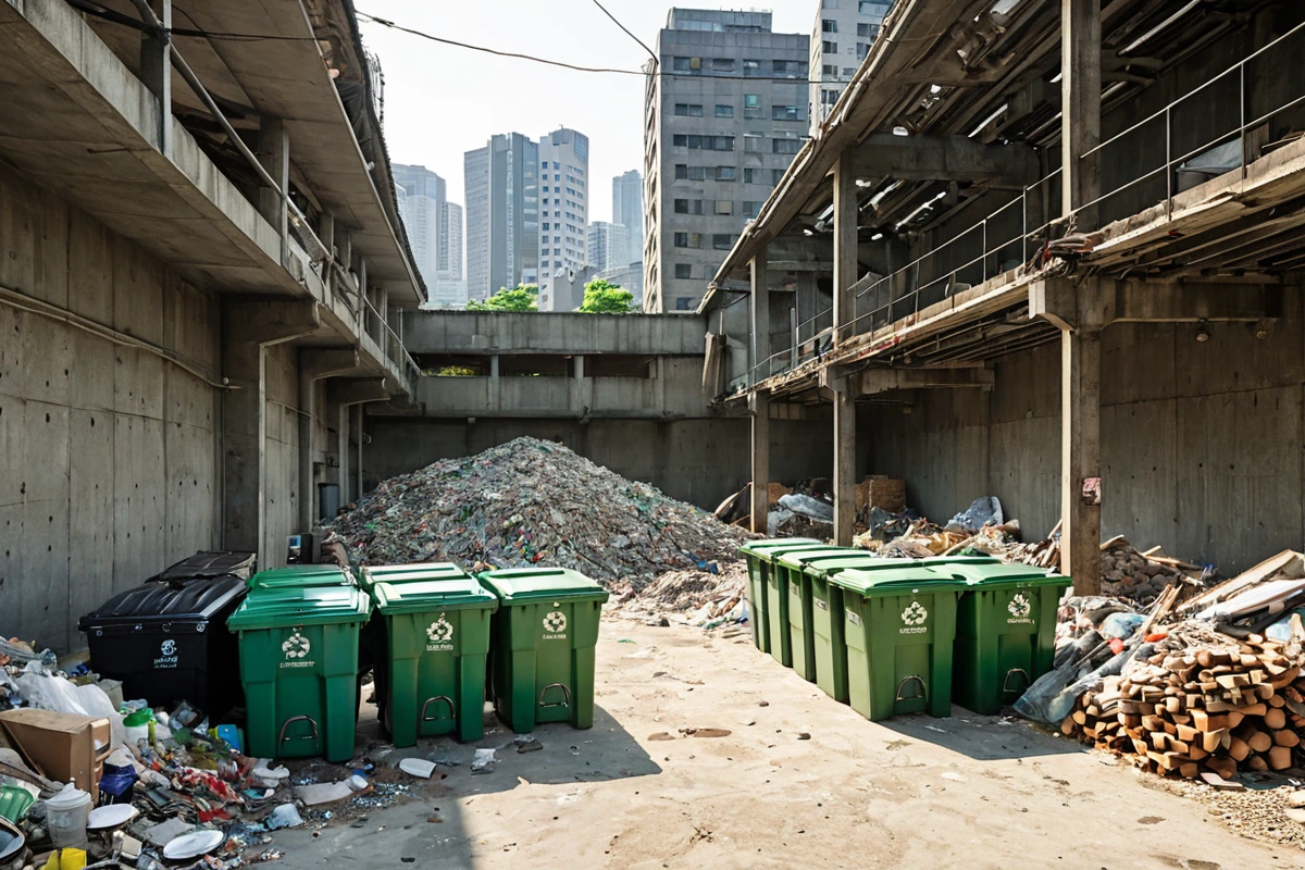 서울 강남구 삼성동 사무실 철거 현장에서 철거 계획서를 바탕으로 재활용 가능한 자재를 분리하는 장면. 철거된 시멘트 벽과 금속 구조물이 정리된 가운데, 재활용 쓰레기통과 분리된 목