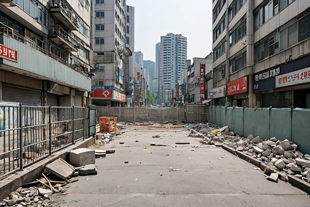 서울 강남구 삼성동 상가 밀집 지역의 철거 현장 주변으로 상업 건물과 보행자 도로가 혼재된 모습. 철거 작업을 방해하지 않도록 주변 상업 활동을 고려한 안전 가림막이 설치된 철거