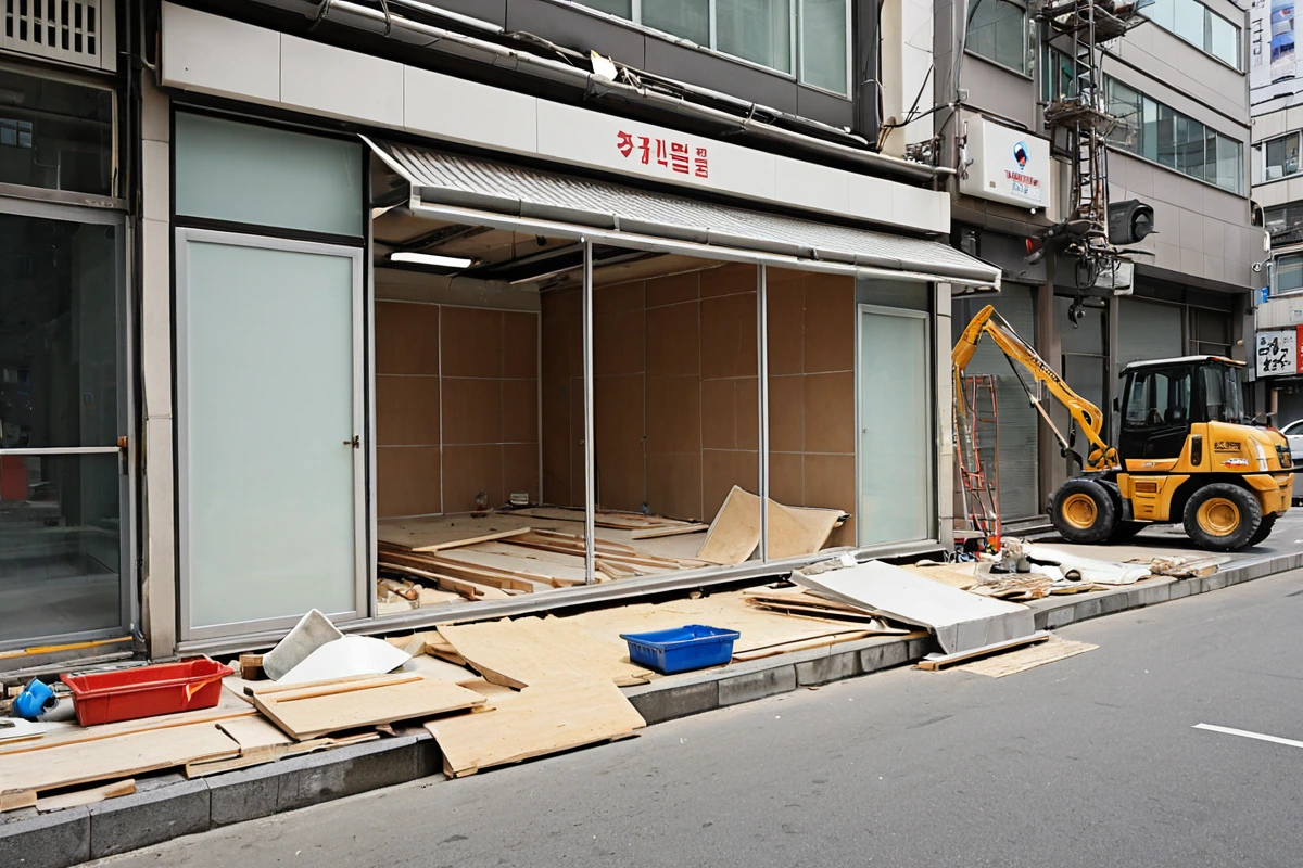 서울 강남구 삼성동 상가 원상복구 전문업체의 철거 및 복구 작업 현장. 철거된 공간의 구조물이 정리되고, 새로운 벽면과 바닥재가 설치되는 과정. 작업 중인 장비와 정돈된 공사 현장