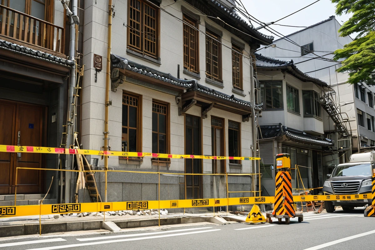 서울 강남구 삼성동의 역사적 건물 앞에 서 있는 철거 작업 준비 현장. 고급 주거지역의 조용한 거리에 철거 작업대와 안전 경고 표지가 배치된 모습. 건물 외벽에는 보존 구역 표시가
