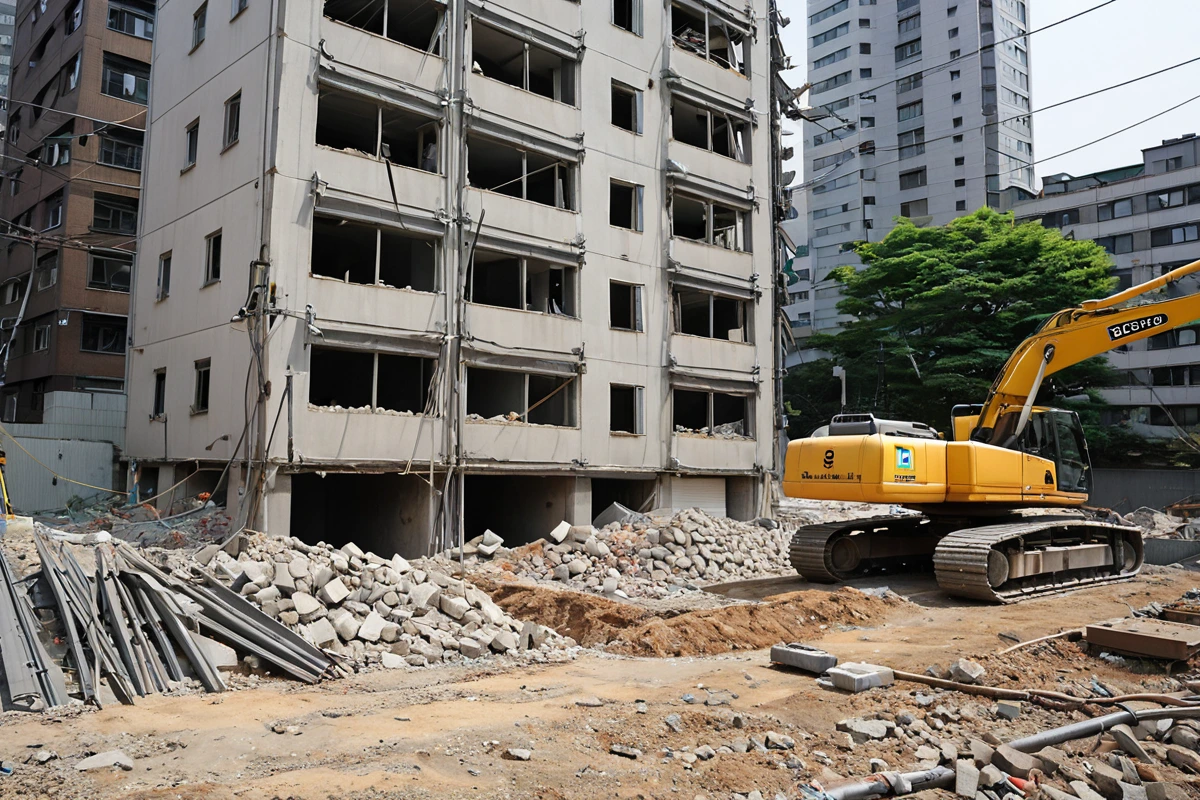 서울 강남구 삼성동의 주택 철거 현장에서, 구조물의 상태를 확인하기 위해 안전 점검 장비가 놓여진 모습. 철거 대상 건물의 외벽과 지면에 철제 지지대가 설치되어 있으며, 주변 환경