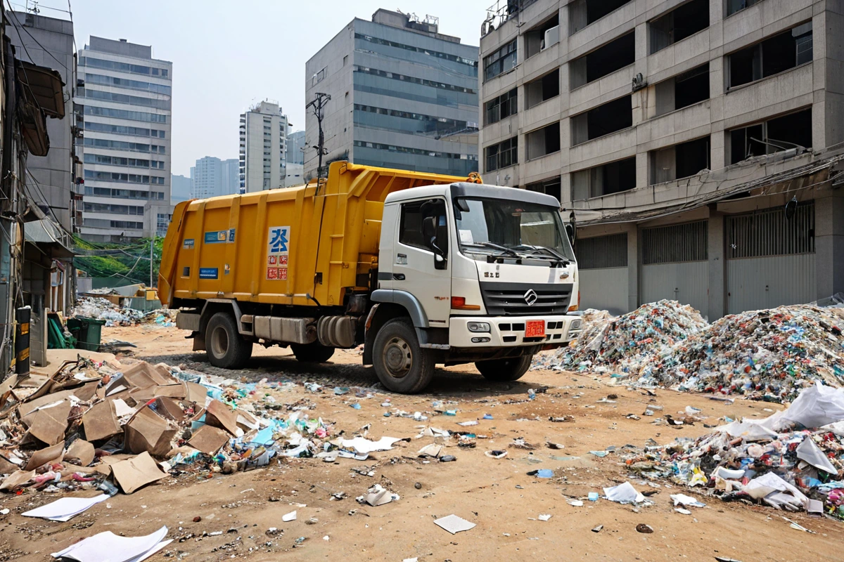 서울 강남구 삼성동의 주택 철거 현장에서 폐기물 처리 차량이 정비된 채로 주차되어 있고, 주변에는 환경 보호를 위한 방진망이 설치되어 있는 상황. 철거된 건물 잔해와 함께 폐기물 