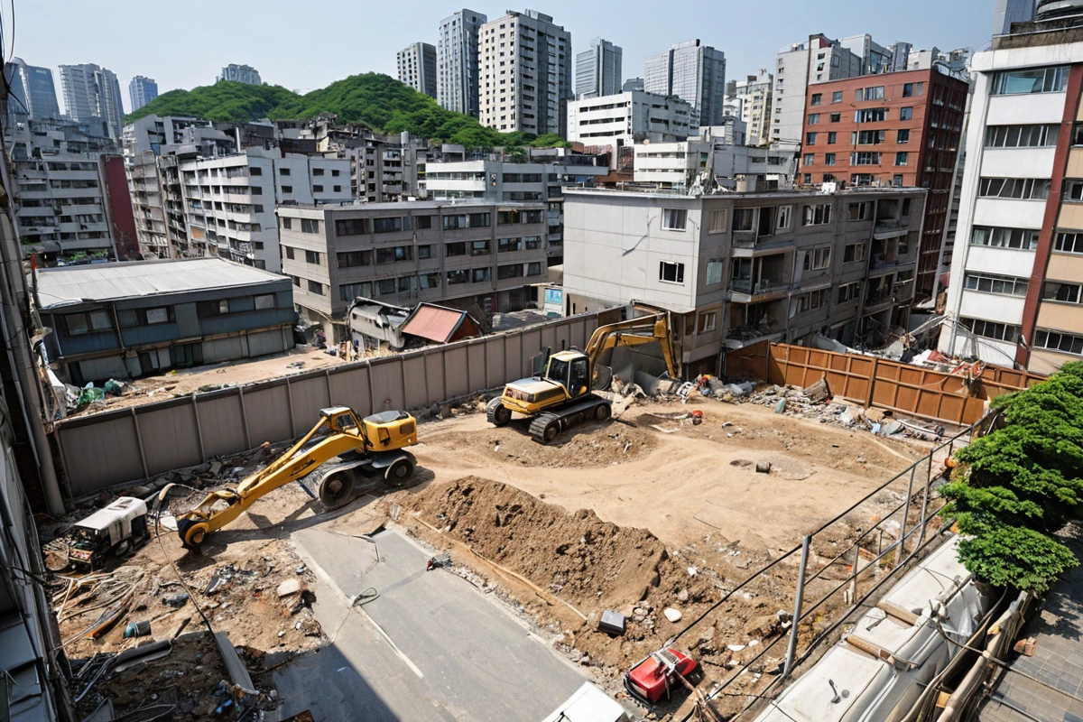 서울 강남구 삼성동 주거와 상업이 혼재된 도시 풍경. 철거 작업 중인 건물 외벽에 전문 장비가 설치되어 소음과 진동을 최소화하는 방안이 보이는 장면. 주변 건물과 도로의 정돈된 배