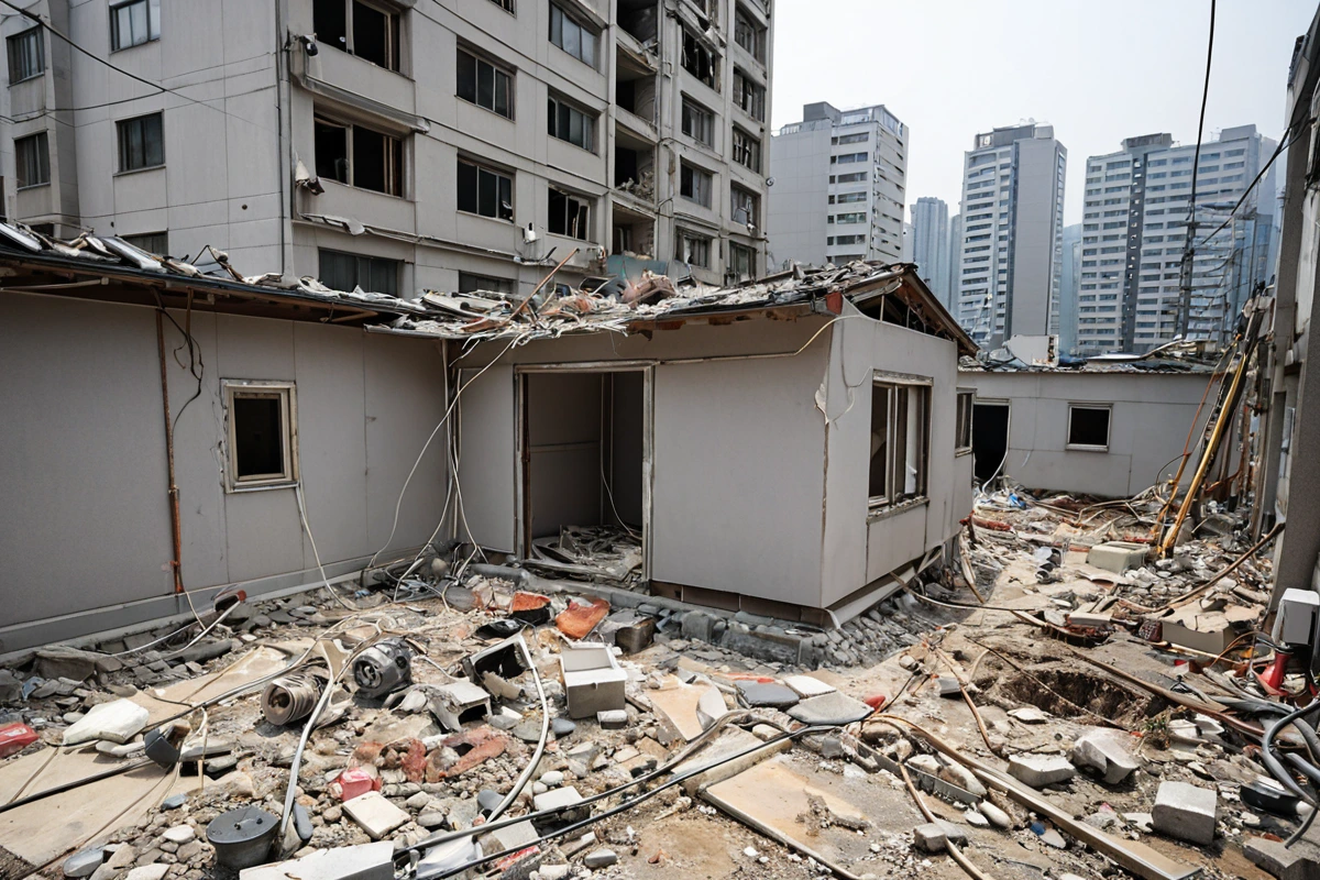 서울 강남구 삼성동 주택 철거 현장에서 노후된 전기 배선이 드러난 전기 콘센트와 배선 장비. 정전 처리를 위한 안전 조치로 전기 시스템이 정지된 상태에서 철거 작업이 진행 중인 모