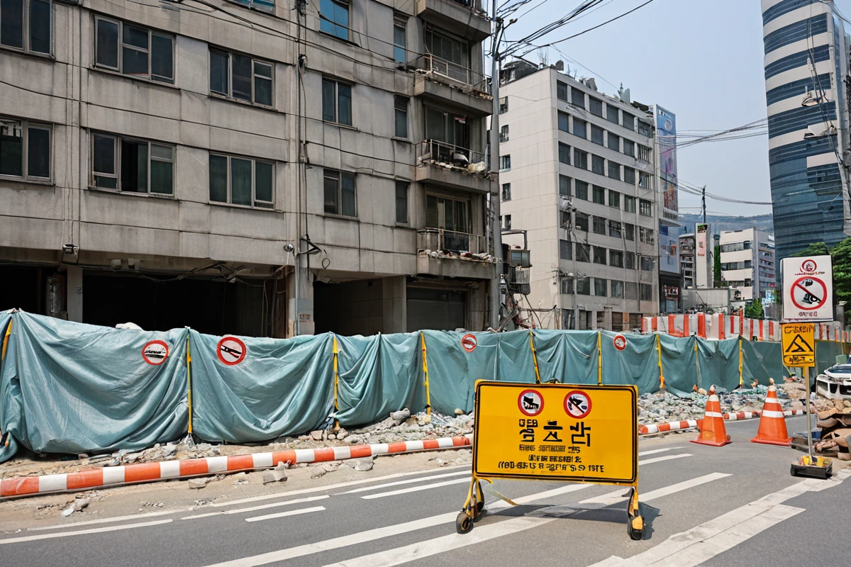 서울 강남구 삼성동 학원 철거 현장. 철거 작업 전 안전 조치로 주변 건물과 도로를 덮은 방진 천과 소음 차단용 방음막이 설치된 모습. 건물 주변에 철거 작업을 위한 경고 표지판이
