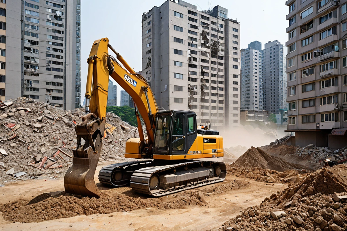 서울 강남구 세곡동 고밀도 주거지역의 철거 현장. 주변 건물과의 거리가 좁은 상황에서 환경 보호를 위한 철거 작업 장비가 정확히 배치된 모습. 철거로 인한 흙먼지가 최소화된 청결한