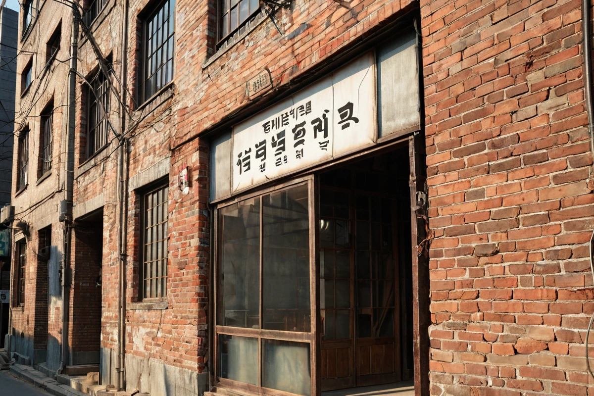 서울 강남구 세곡동 식당 건물 외부에서 보이는 구조 안정성 점검을 위한 현수막이 걸린 장면. 건물 벽면에 균열이 보이는 부분에 철제 지지대가 설치되어 있으며, 빛이 잘 드는 낮은
