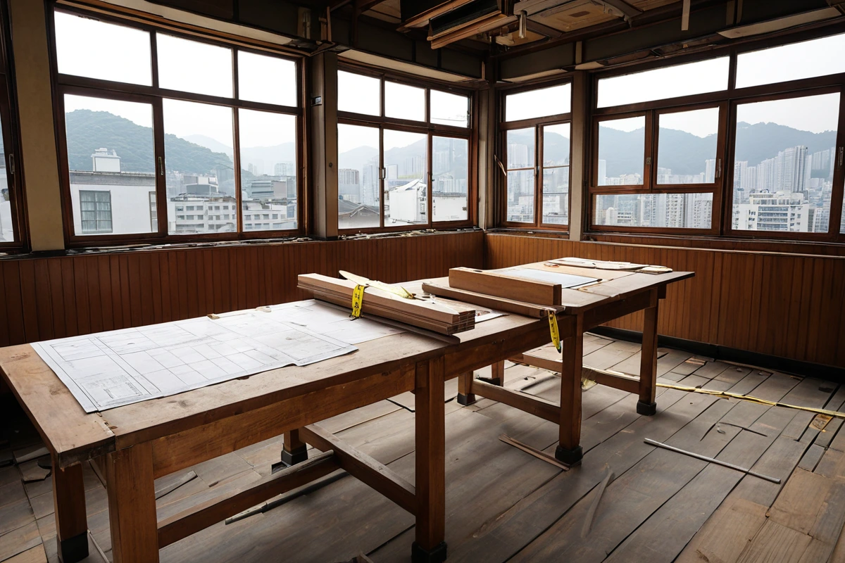 서울 강남구 세곡동 식당 철거 전 정확한 점검을 위한 도면과 측정 도구가 놓인 테이블 위의 장면. 철거 예정 건물의 구조도와 측정 기록이 정리된 문서들이 테이블 위에 배치되어 있으