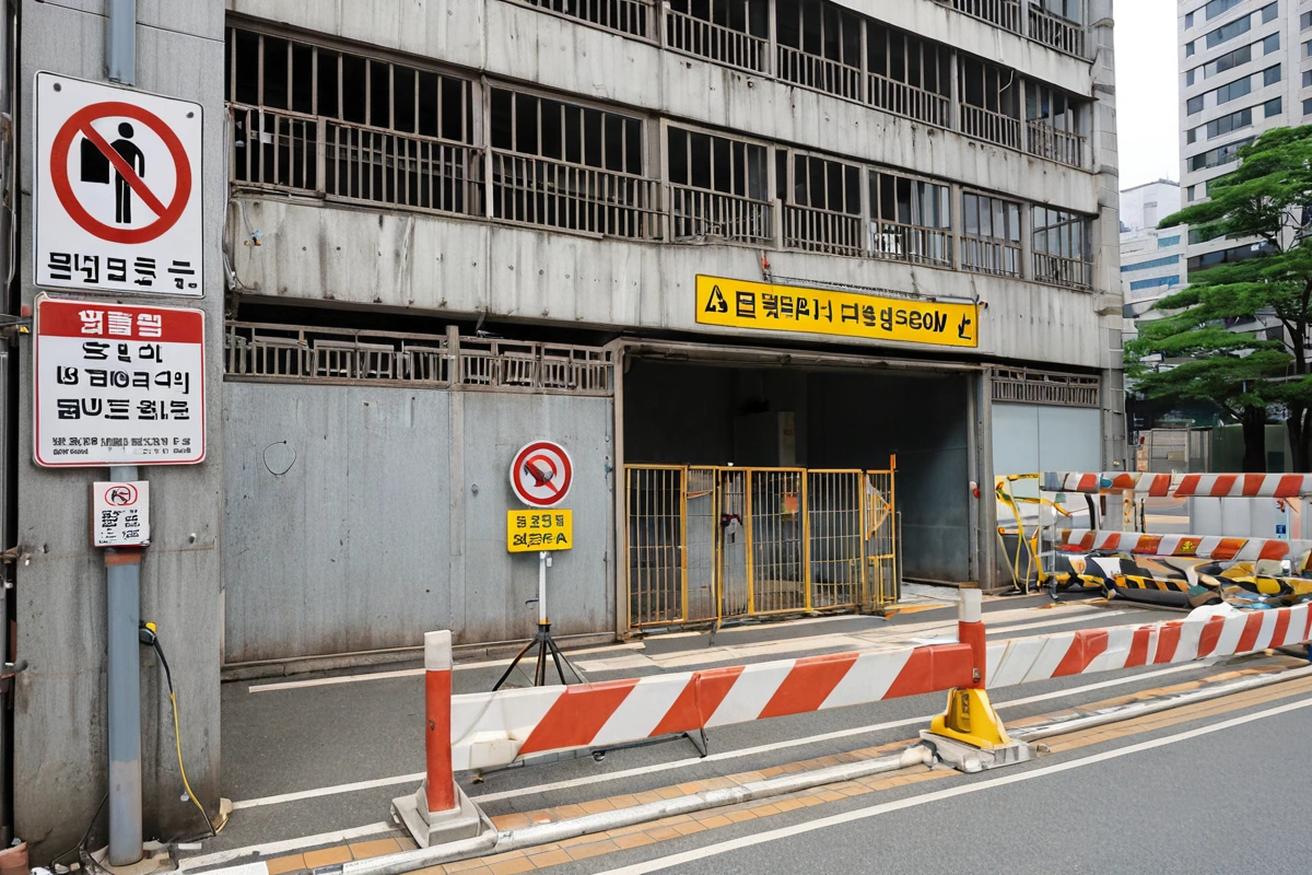 서울 강남구 세곡동의 한 건물 철거 전 3단계 점검 장면. 구조적 안정성을 확인하는 전문 장비가 건물 외벽에 부착되어 있고, 주변에는 철거 작업을 위한 안전 울타리와 점검 표지판이
