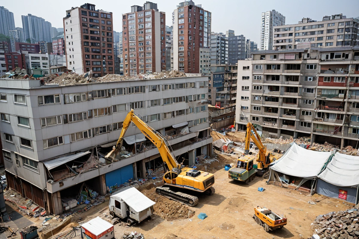 서울 강남구 세곡동 주거지역의 천장 철거 전 현장, 철거 전 주민과의 소통을 위한 안내문이 부착된 건물 외벽과 철거 장비가 준비된 작업 공간. 밀집된 주거 지역 특성상 철거 작업
