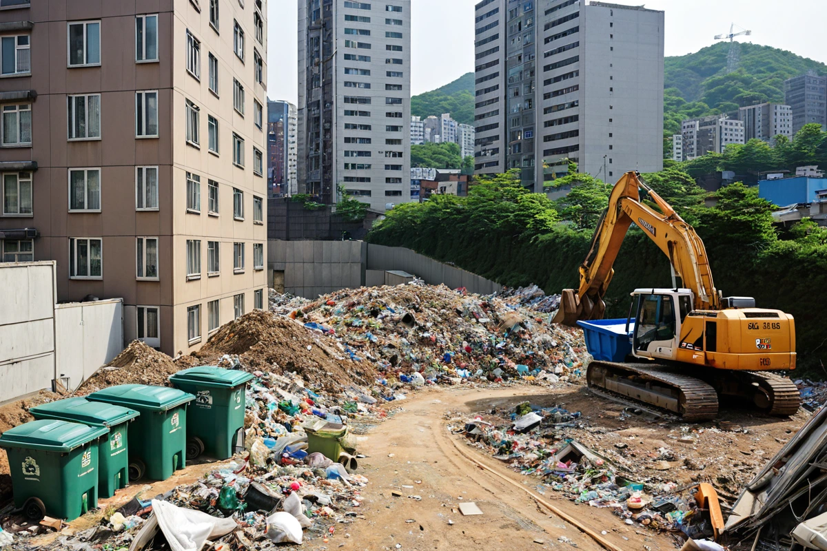 서울 강남구 세곡동 주민 밀집 지역의 철거 현장. 소음 차단막이 설치되어 있고, 폐기물 처리 장소에 분리 수거함이 배치되어 있으며, 주변 건물의 창문이 닫혀 있는 모습이 보인다.