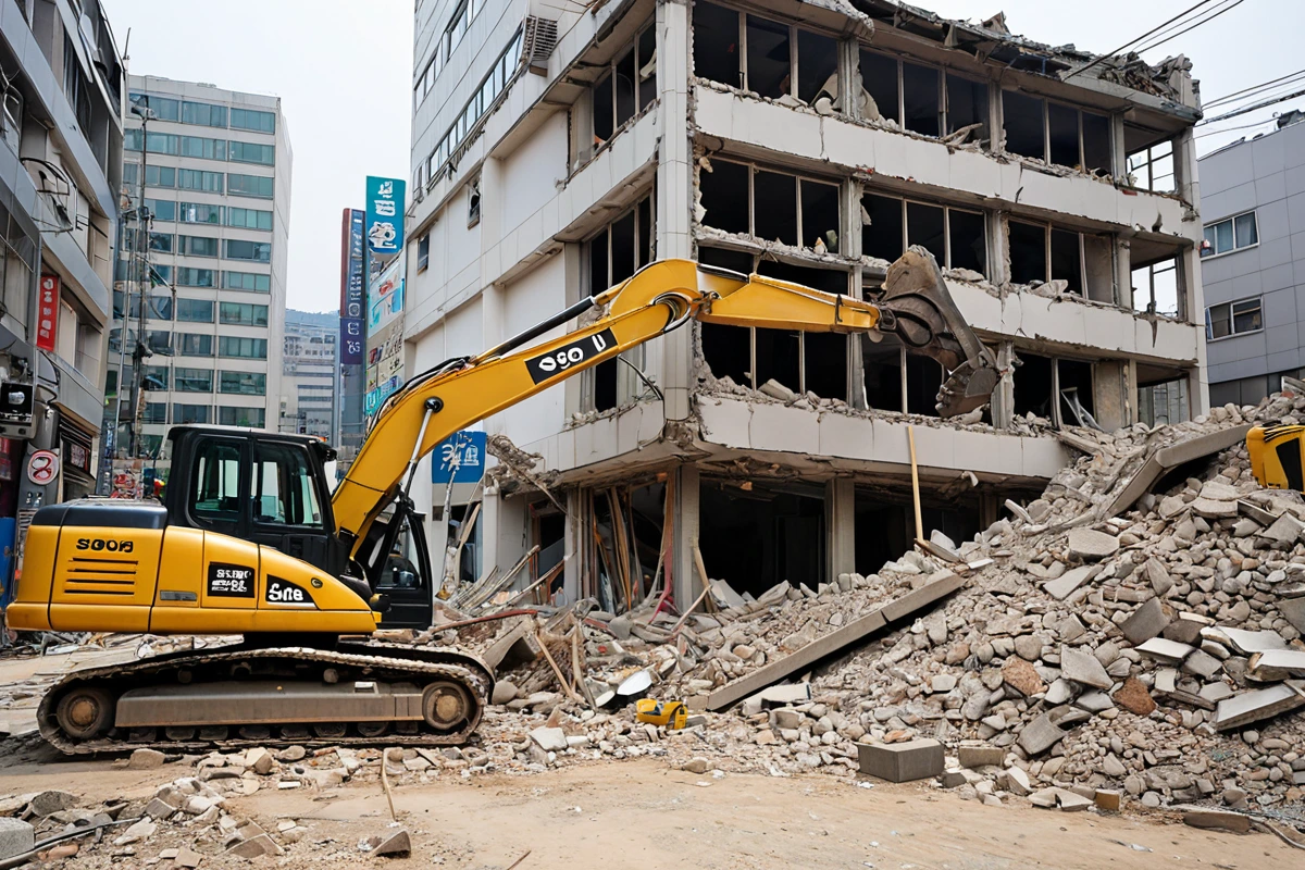서울 강남구 세곡동 카페 철거 현장, 2층 구조의 건물이 철거 중인 모습. 수동 철거 장비가 사용되고 있는 가운데, 철거 방법을 최적화하기 위해 기계 철거가 어려운 부분에 집중하고