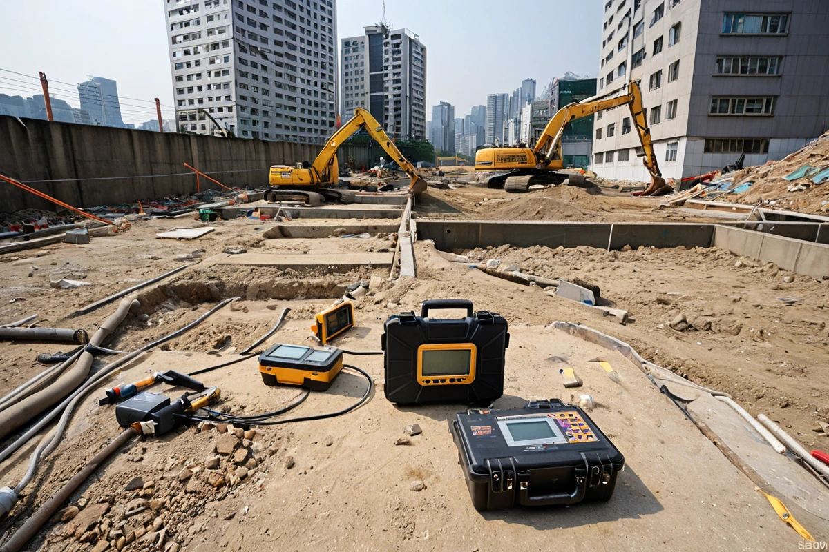 서울 강남구 세곡동 칸막이 철거 전 현장에서 구조물의 안전 상태를 점검하는 과정. 구조물의 기초와 연결부가 손상되지 않았음을 확인하는 검사 도구가 놓인 상태로, 철거 전 안전 점검