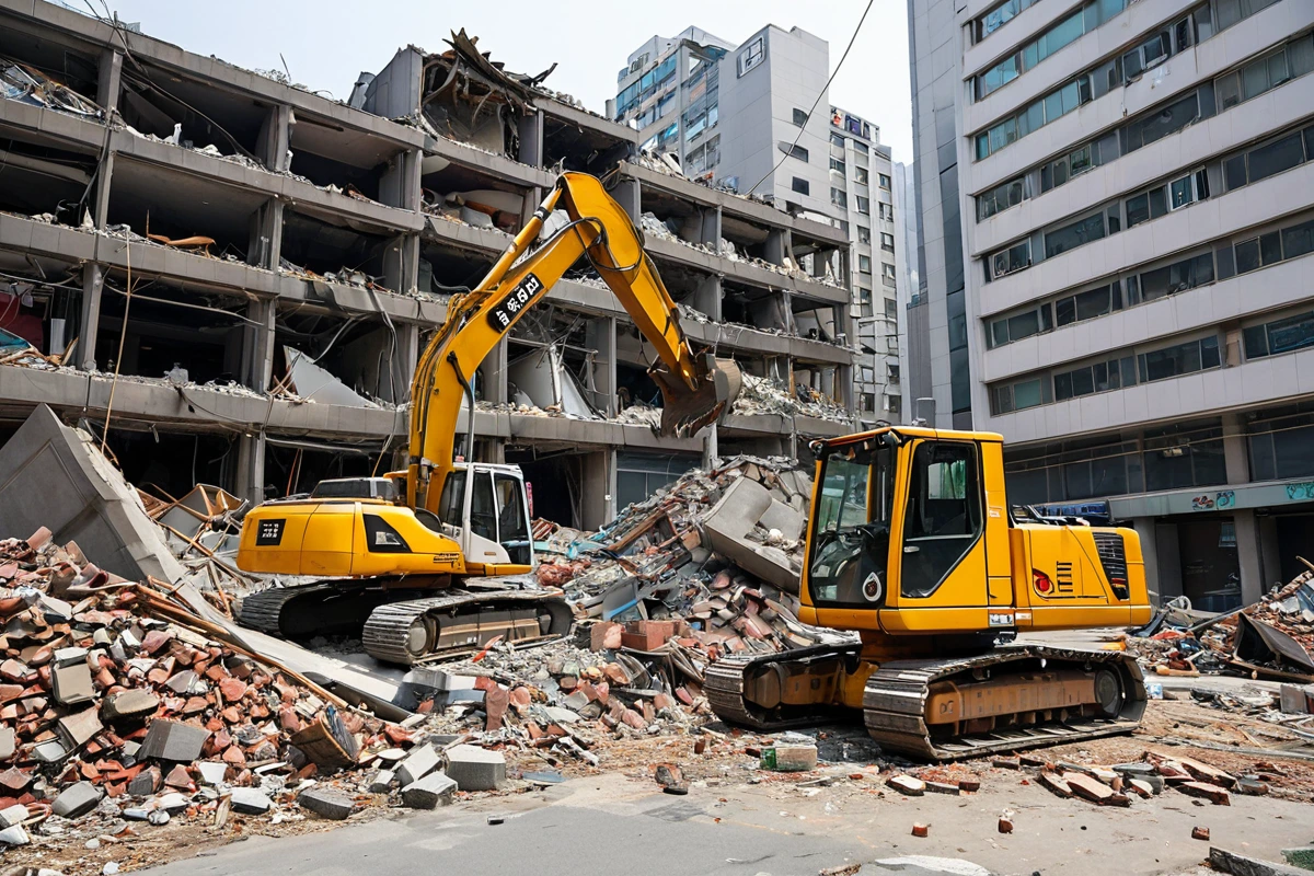 서울 강남구 세곡동 피시방 철거 현장에서 유해 물질과 구조적 결함을 확인하는 철거 장비와 정리된 잔해가 배경에 있는 사실적인 장면.