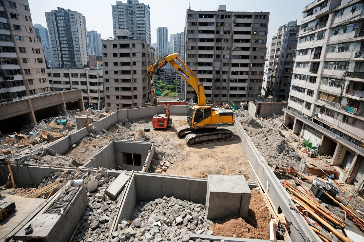 서울 강남구 수서동 고밀도 주거지에서 철거 작업이 진행되고 있는 현장, 주변 건물과의 거리가 좁은 상황에서 철거 장비가 주변 환경을 보호하기 위해 특수하게 설치된 모습