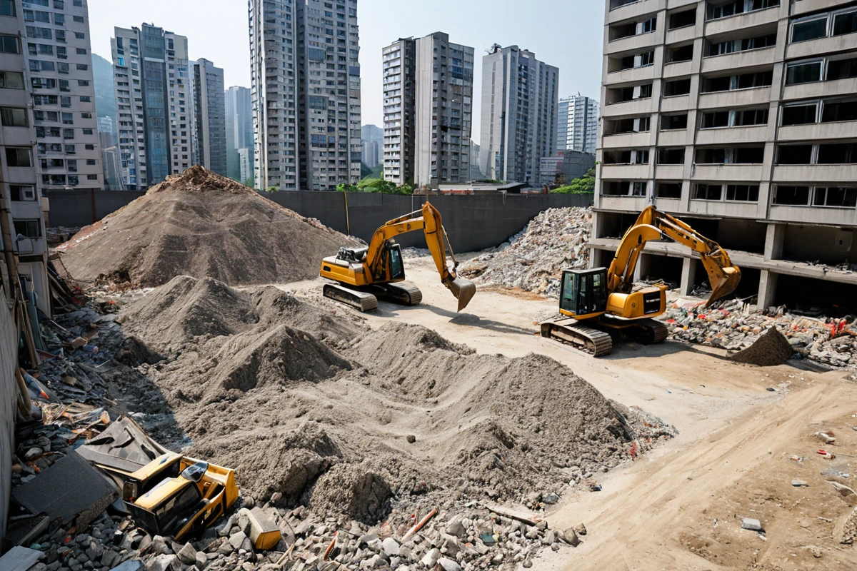 서울 강남구 수서동 고밀도 주거지역의 현대식 아파트 단지와 철거 작업 중인 안전망, 주변 건물과의 거리가 좁은 구조를 강조한 사진. 철거 작업 중인 중장비와 철거된 건물의 잔해가