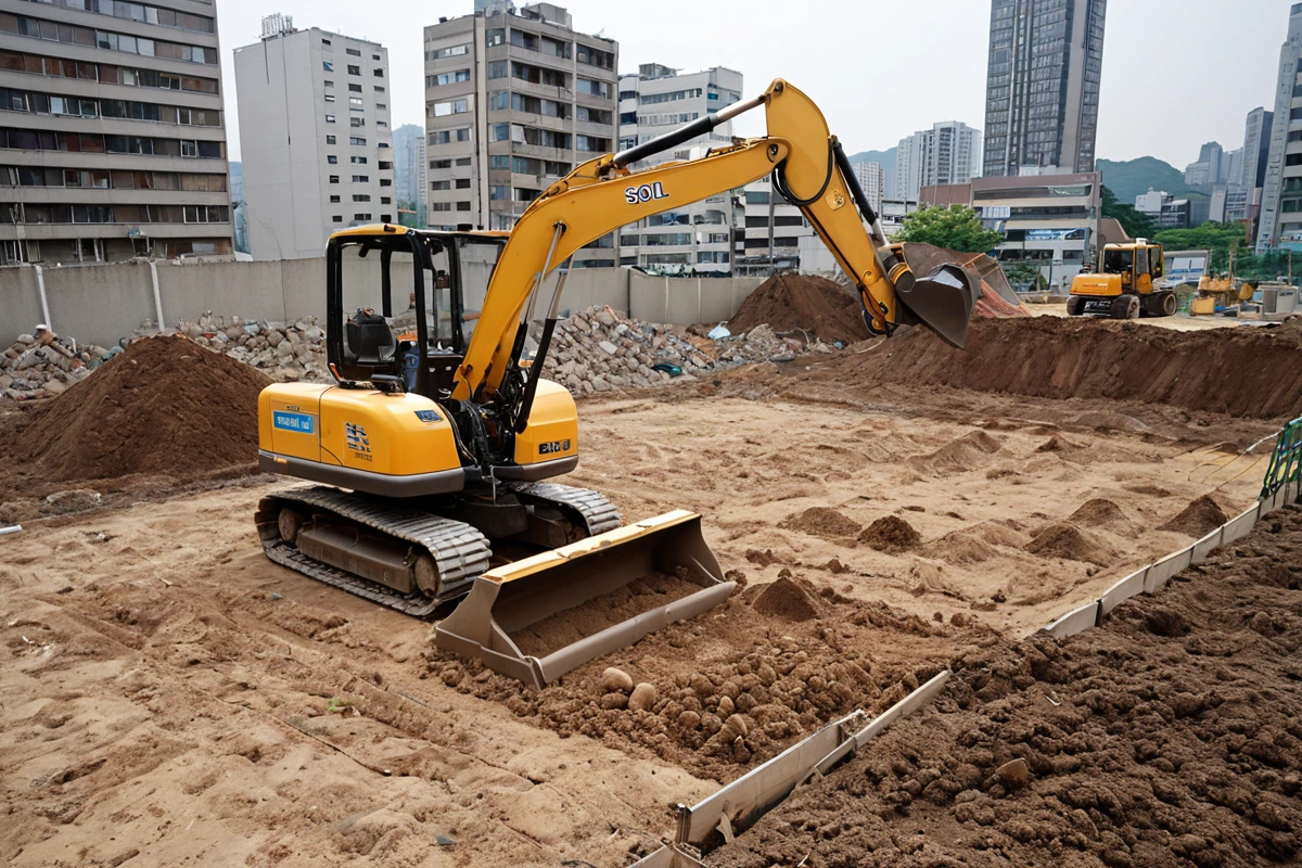 서울 강남구 수서동 아파트 철거 후 토양 정화 작업 현장, 중금속 오염 검출을 위한 토양 샘플 채취 장비와 정화제 분배 장비가 배치된 토양 표면. 흙과 정화제가 섞인 자연스러운 토