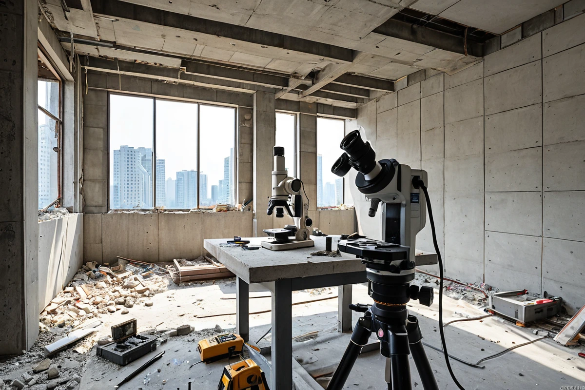 서울 강남구 수서동의 가벽 철거 현장에서 구조물의 상태를 점검하는 전문가가 사용하는 현미경과 측정 도구가 놓인 테이블 위의 상세한 구조물 점검 장면. 구조물의 결함과 주변 환경이