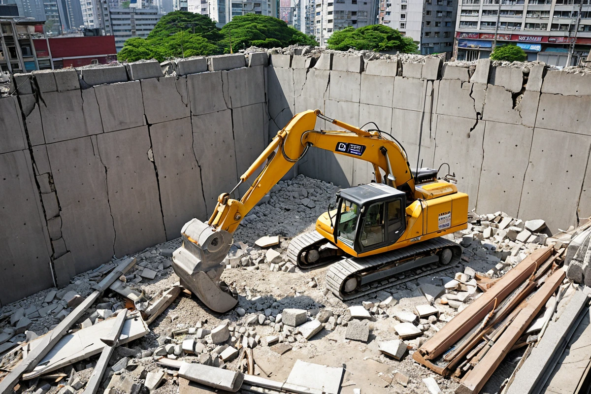 서울 강남구 수서동 주택 철거 현장에서 구조 보강 작업 중인 철거 장비와 보강재가 정리된 모습. 철거된 벽면과 구조적 문제를 분석하는 도구가 함께 배치되어 있습니다.