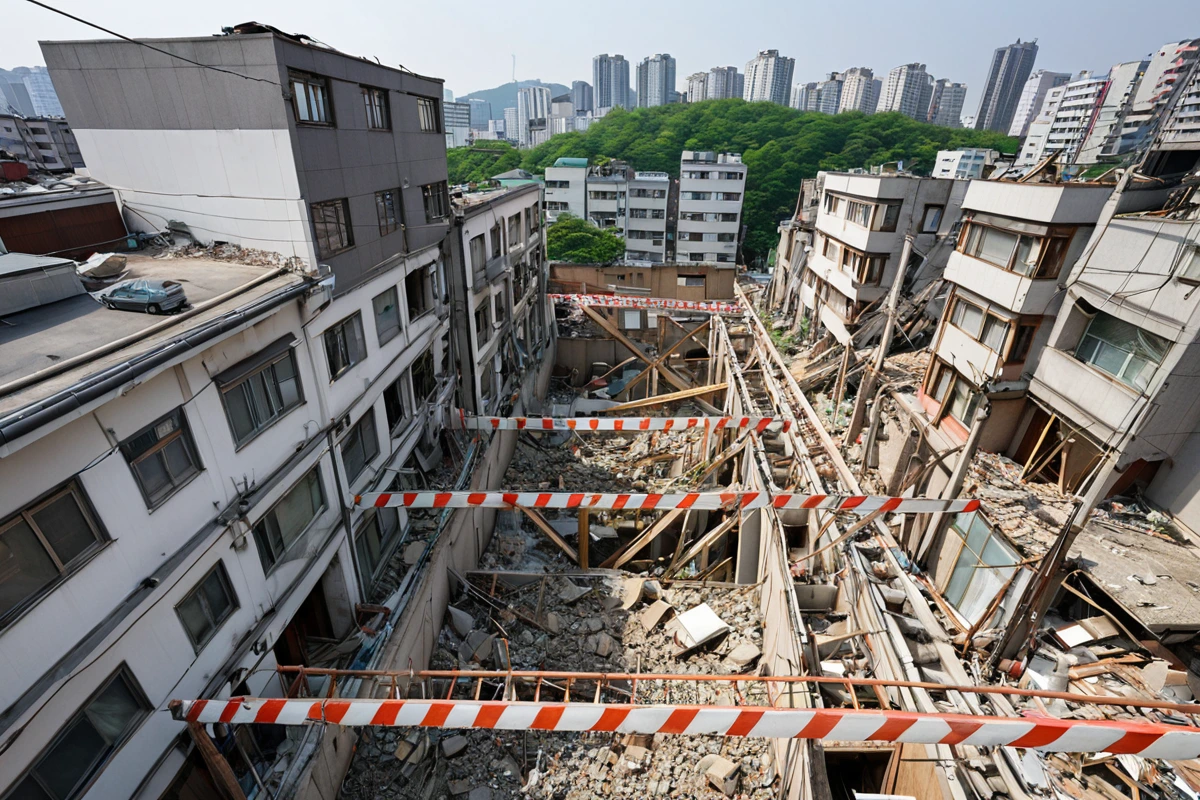 서울 강남구 수서동 지역의 주택 철거 현장에서 주변 건물과의 거리를 고려해 철거 과정의 안전성을 점검하는 장면. 주변 건물과의 거리가 좁은 주택의 철거 작업 중 안전 장치가 설치된