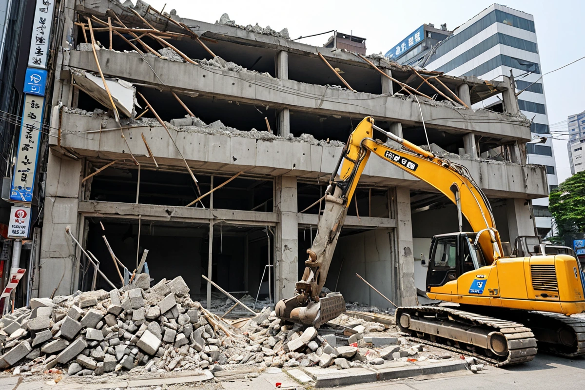 서울 강남구 수서동 피시방 철거 현장에서 전문가가 구조물의 안정성을 점검하는 모습. 철거 전 구조물의 손상 부위를 확인하는 도구를 사용한 촬영, 구조물의 철근이 드러난 상태에서 전