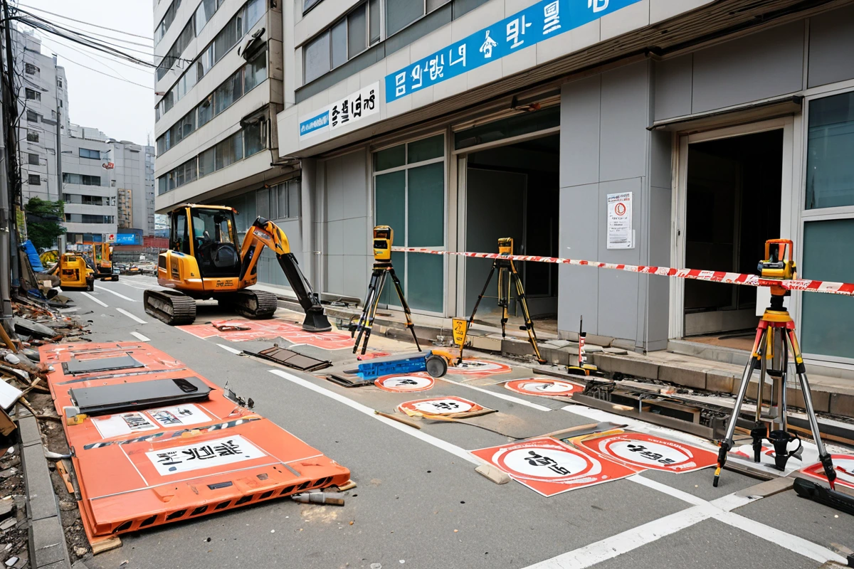 서울 강남구 신사동 고급 주택가의 철거 전 현장, 정밀한 구조 검사 도구와 안전 표지판이 배치된 철거 준비 현장. 건물 외벽에 정확한 측정선이 그려져 있고, 철거 전 안전 점검을